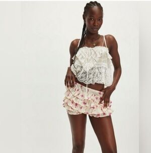 Free People Cream Ruffle Layered Mini Shorts